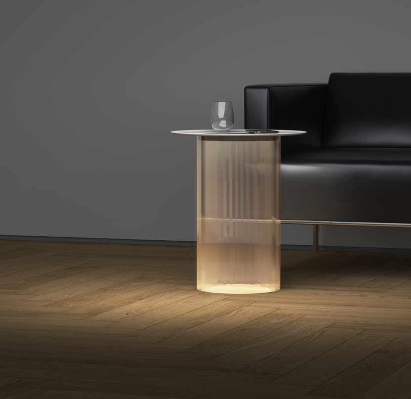 Modern side table with a glass top in a living room setting