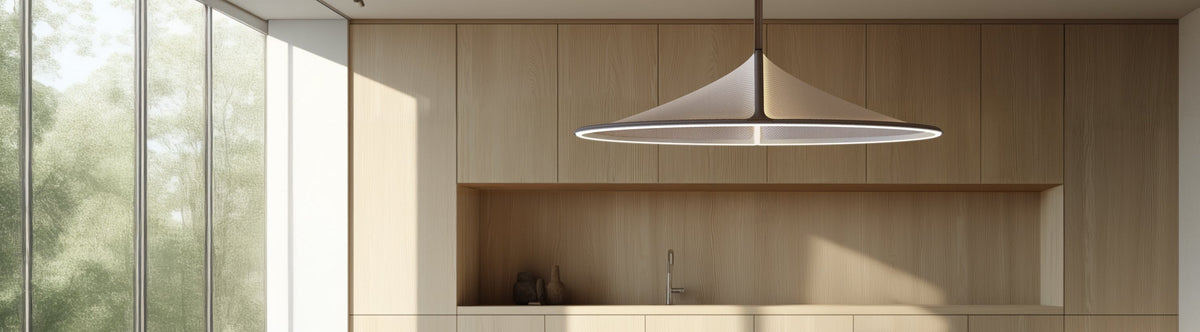 Modern kitchen with wooden cabinets and a pendant light fixture.